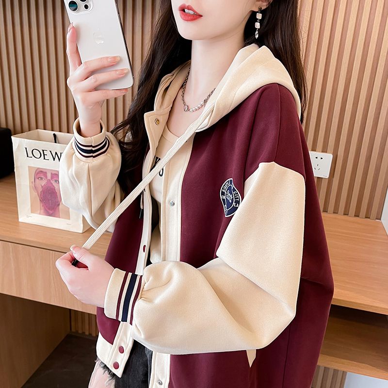 PF28210# 华棉复合真超加绒棒球服2024秋冬ins钮扣连帽卫衣外套女女裝貨源服裝批發