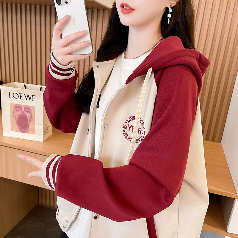 PF28209# 华棉复合真超加绒棒球服秋冬钮扣连帽卫衣宽松外套女女裝貨源服裝批發