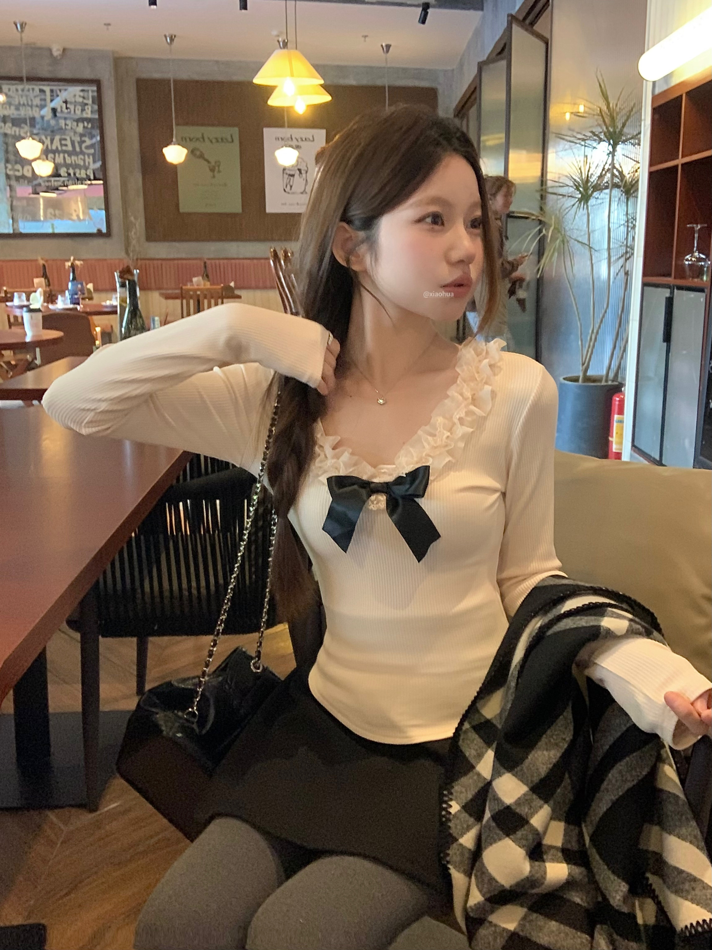 PF28104#纯欲风蝴蝶结蕾丝花边针织衫女弹力修身性感气质上衣套装女裝貨源服裝批發