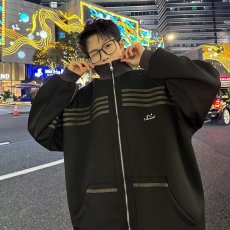 批发美式条纹撞色户外夹克男秋高街潮牌复古外套小众宽松休闲立领上衣