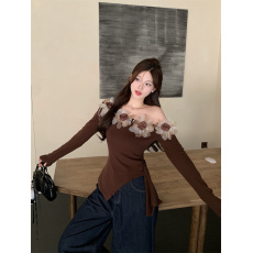 实拍实价 法式重工立体花朵毛斜肩一字领短修身显瘦绑带长袖T恤