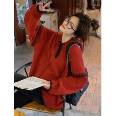 大码女装韩版慵懒风中长款连帽长袖毛衣宽松休闲针织衫设计感卫衣