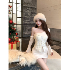 批发实拍实价  纯欲斜肩长袖连衣裙 秋冬收腰<b class='q'>蕾丝</b>抹胸背心叠穿两件套