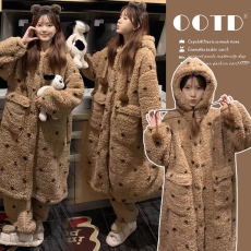 批发半边绒女冬季2025新款加厚加绒珊瑚绒家居服孕妇套装冬可外穿