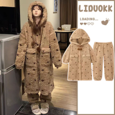 批发半边绒女冬季2025新款加厚加绒珊瑚绒家居服孕妇套装冬可外穿