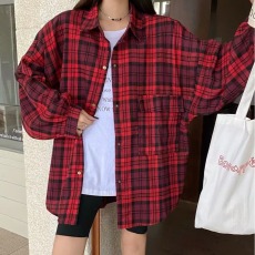 批发韩版春季红色磨毛格子<b class='q'>衬衫</b>学院风宽松懒惰小众休闲长袖<b class='q'>衬衣</b>外套女