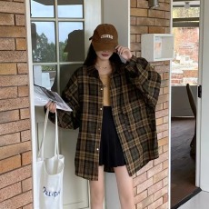 批发韩版春季磨毛格子<b class='q'>衬衫</b>懒惰风休闲宽松设计感长袖灯笼袖<b class='q'>衬衣</b>外套女