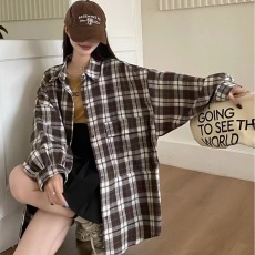 批发韩版春季大口袋磨毛格子<b class='q'>衬衫</b>懒惰风宽松时尚长袖小众<b class='q'>衬衣</b>外套女