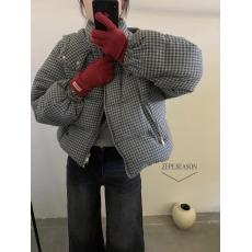 批发立领连帽蓝色格子羽绒服女短款冬季新款韩系宽松白鸭绒面包服外套
