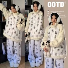 批发半边绒女冬季2025新款加厚加绒珊瑚绒家居服孕妇套装冬可外穿