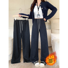 批发实拍2025冬装新款胖mm大码女百搭加绒加厚遮胯格子松紧腰休闲裤