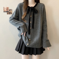 批发实拍~大码韩版灰色开衫毛衣女秋<b class='q'>冬</b>新款高级感蝴蝶结针织衫上衣