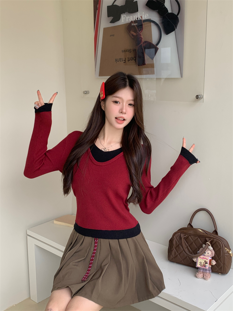 PF28623#新款韩系小众假两件针织衫内搭打底衫撞色v领上衣女裝貨源服裝批發