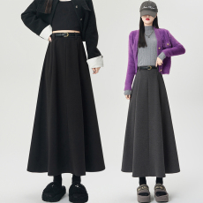 批发时尚简约黑色毛呢裙女显瘦垂感通勤中长款a字裙半身裙呢料大摆裙