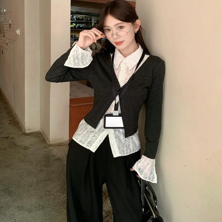 한국 대외 무역 한국 스타일 가을 디자인 센스 긴팔 POLO 칼라 셔츠 몸매 가꾸기 슬림해 보이는 페이크 레이어드 Chic 맨위 여성