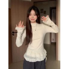 批发韩国外贸韩版春季纯欲蕾丝半高领长袖t恤女修身显瘦打底衫上衣