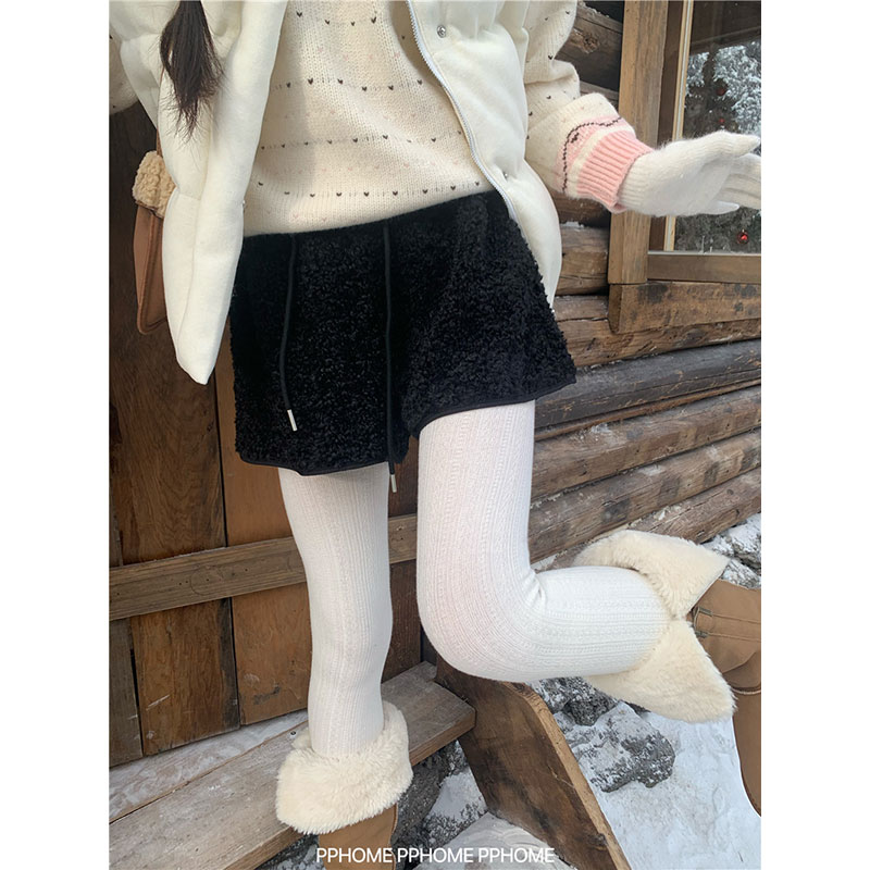 반바지 살구 색상 캐주얼 바지 여성 의류 겨울 레트로 보온 와이드 레그 팬츠 만나는 털 바지