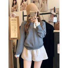 批发晨领广州面料小个子短裤女<b class='q'>冬</b>季新款高腰黑色保暖宽松毛绒热裤