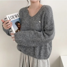 批发实拍大码 韩国chic春季慵懒风V领宽松毛茸茸针织衫百搭简约毛衣女