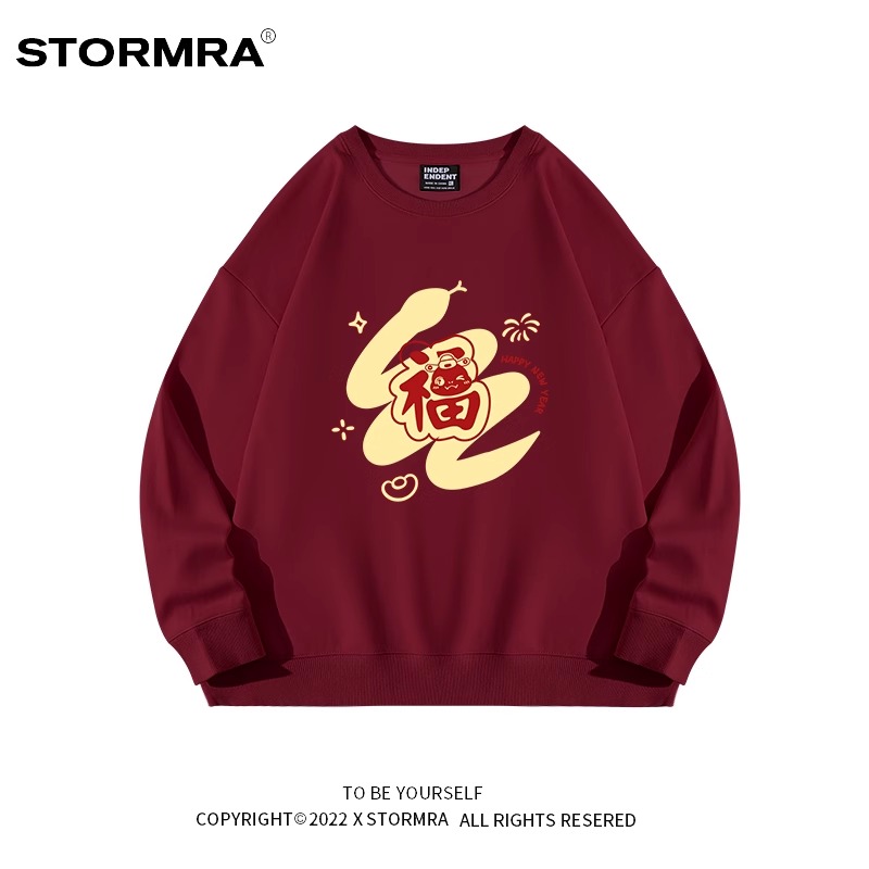 PF28392#仿棉一体绒新春蛇年新年款卫衣圆领加绒宽松男女同款女裝貨源服裝批發