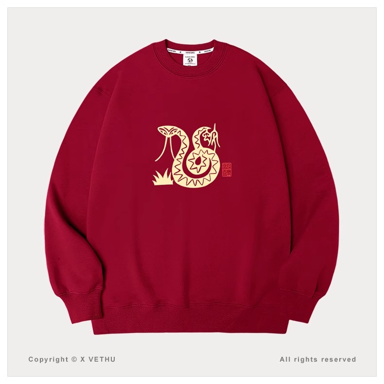 PF28393#仿棉一体绒蛇年新年款卫衣圆领加绒宽松男女同款女裝貨源服裝批發