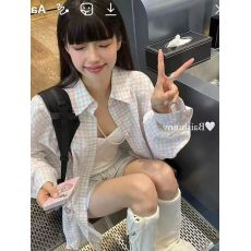 批发韩国外贸<b class='q'>森系</b>甜美格纹<b class='q'>衬衫</b>女早春宽松休闲显瘦中长款<b class='q'>衬衣</b>外穿开衫