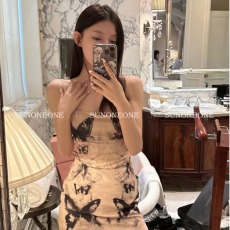 批发SUNONEONE蝴蝶连衣裙女<b class='q'>夏</b>季法式水墨印花收腰修身显瘦a字吊带裙子
