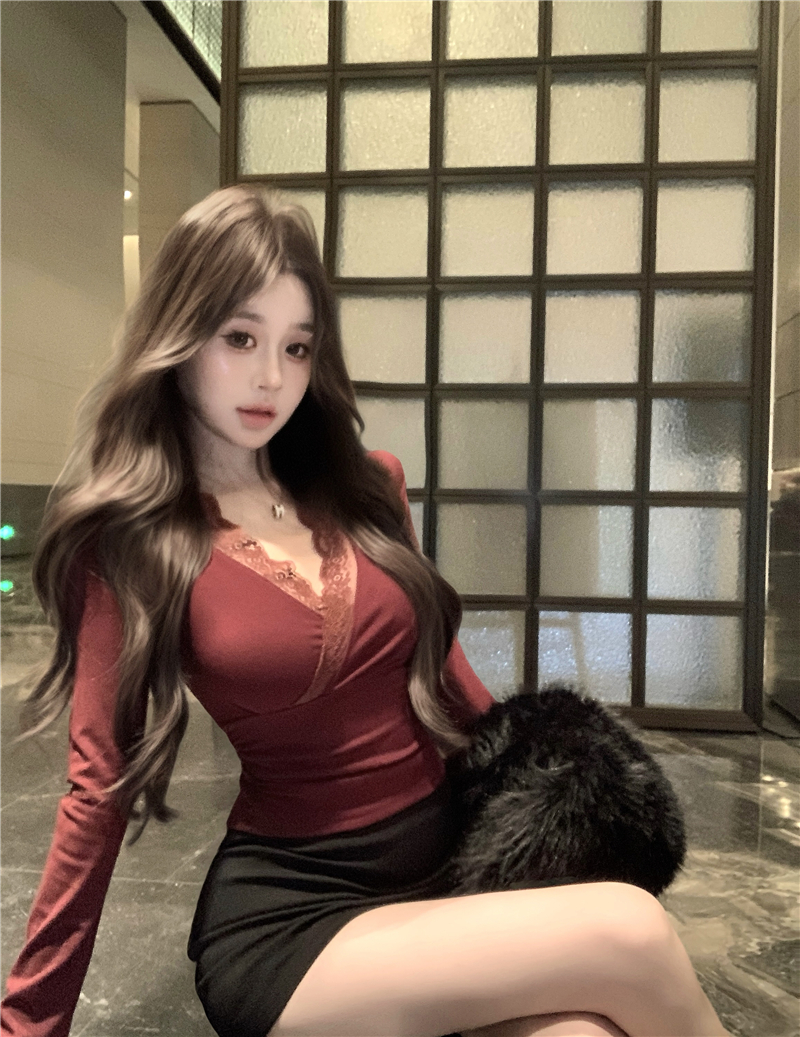 실사 정가 V넥 주름 패치워크 레이스 측면 슬림해 보이는 기본 셔츠 품격 쇼트 스타일 인사이드 잡아라. 의류