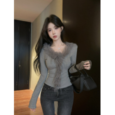 批发实拍 实价 纯欲辣妹性感毛毛边V领<b class='q'>T</b><b class='q'>恤</b>秋冬内搭修身显瘦上衣