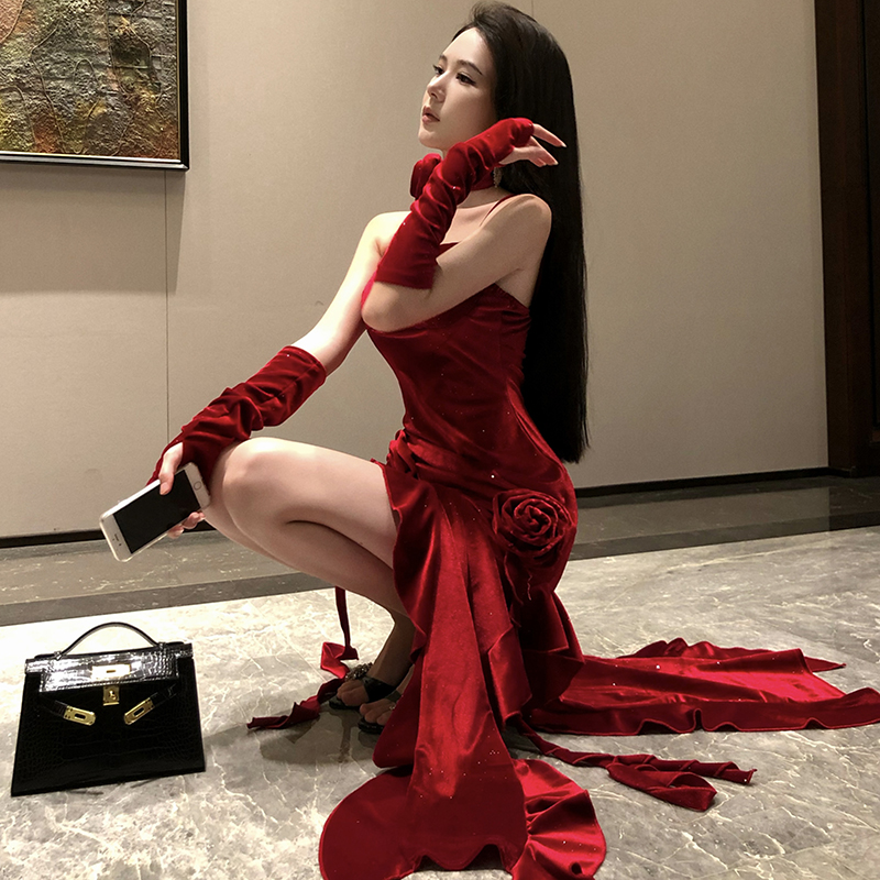 실제 촬영 새해 로브 불규칙한 빨간색 깃발 섹시한 춤추 기 벨벳 치마 댄스 파티 생일 party 드레스