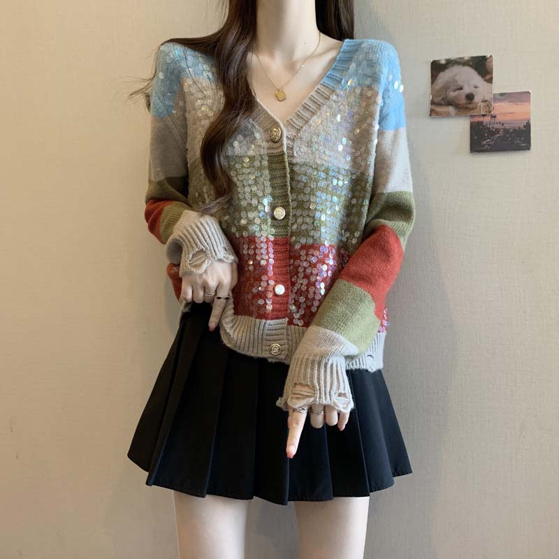 PF29389#新款拼色亮片重工加厚韩版针织毛衣女大码百搭V领上衣女裝貨源服裝批發