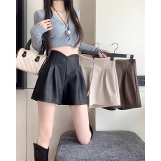 批发2024秋季新款大码高腰a字PU皮短裤女宽松休闲百搭阔腿外穿靴裤200