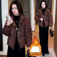 批发官图  时尚棉服女2025年冬季新款<b class='q'>妈妈</b>装豹纹拼接面包服保暖短外套