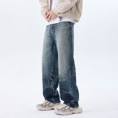 批发实拍新款潮牌扎花复古美式高街直筒宽松百搭时尚男装牛仔裤