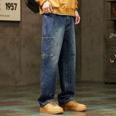 批发实拍新款工装牛仔裤男潮流宽松直筒休闲多口袋百搭韩版长裤子