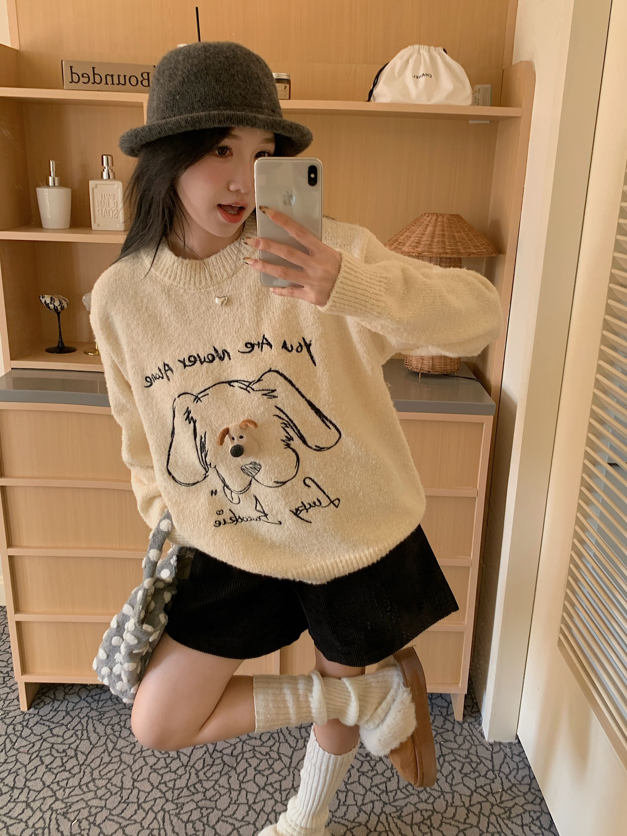 PF29135#可爱立体小狗图案套头毛衣女秋冬慵懒风宽松长袖针织衫女裝貨源服裝批發