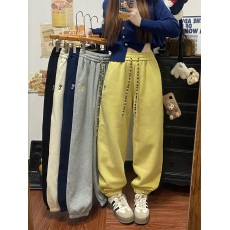 批发实拍 新款条纹毛线抽绳休闲阔腿裤 <b class='q'>宝宝</b>绒加厚刺绣松紧腰束脚裤