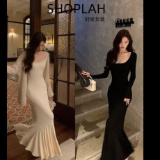批发纯欲性感U领包臀连衣裙女早秋2026新款紧身显瘦长袖打底鱼尾长裙