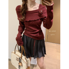 批发天猫抖音质量安可拉红<b class='q'>一字肩</b>针织衫长袖女秋冬修身内搭打底衫上衣