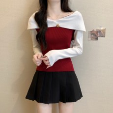 批发天猫抖音质量<b class='q'>一字领</b>打底衫女秋冬短款卡腰内搭安哥拉红色针织上衣