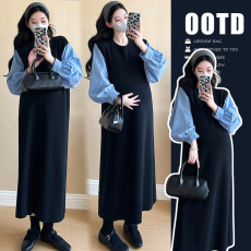 2026早春新款设计师假两件衬衫针织连衣裙宽松显瘦拼接孕妇连衣裙