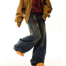 批发Apocket美式廓形裁剪弯刀牛仔裤男女cleanfit高街水洗做旧裤子潮