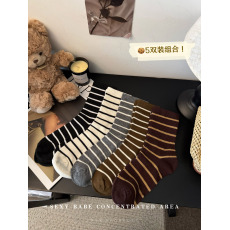 批发实拍实价秋冬季条纹百搭袜子女中筒袜堆堆袜长袜女袜纯棉5双装