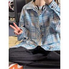 批发常规青少年标准潮黄蓝格子设计感衬衫男款中性加绒翻领日常水洗