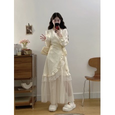 批发实拍<b class='q'>大码</b> 雾白清秋 蕾丝绑带气质网纱拼接仙女风在逃公主连衣裙