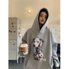 批发明星同款斑点狗狗印花连帽卫衣男女套头秋冬外套宽松加绒灰色帽衫