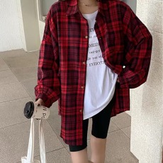 批发<b class='q'>韩版</b>春季红色磨毛格子衬衫学院风宽松懒惰小众休闲长袖衬衣外套女