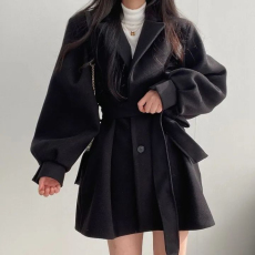 批发新款韩版秋冬装绑带气质小个子西装领赫本风中长款毛呢女大衣外套