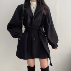 批发新款韩版秋冬装绑带气质小个子西装领赫本风中长款毛呢女大衣外套
