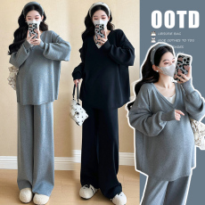 2026春季慵懒风时尚洋气显瘦套装针织毛衣阔腿裤子孕妇两件套